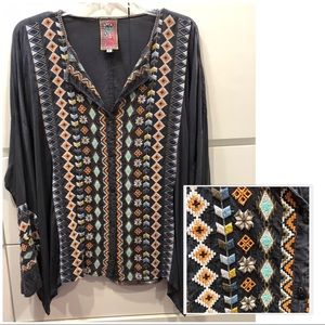 Johnny Was Gray Button Sleeve Top, EUC